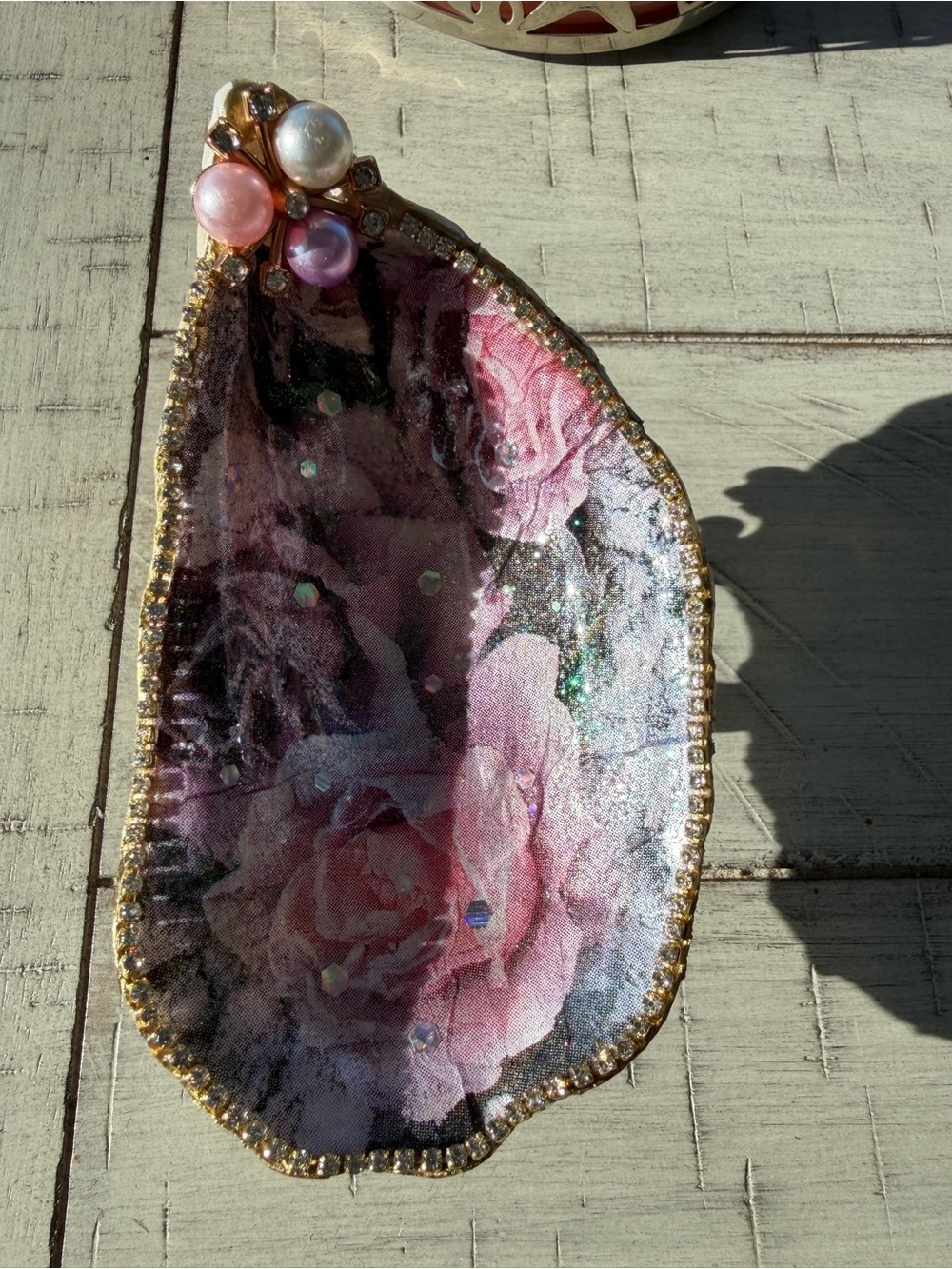 Handmade pink floral decoupage oyster shell trinket dish